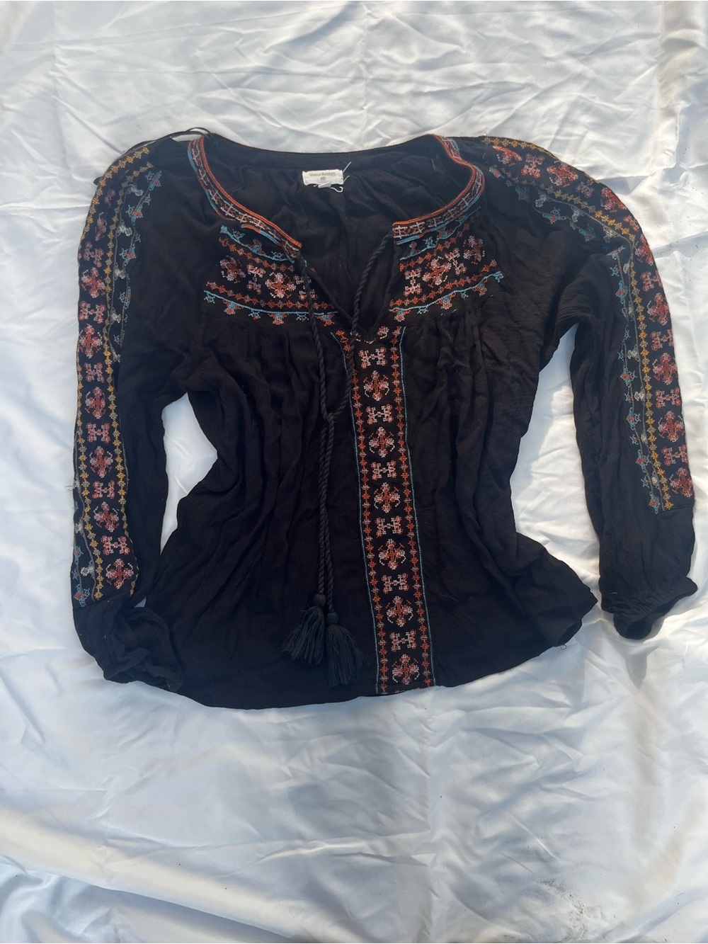 Cost Plus World Market Black Embroidered Boho Tunic with Tassel Ties